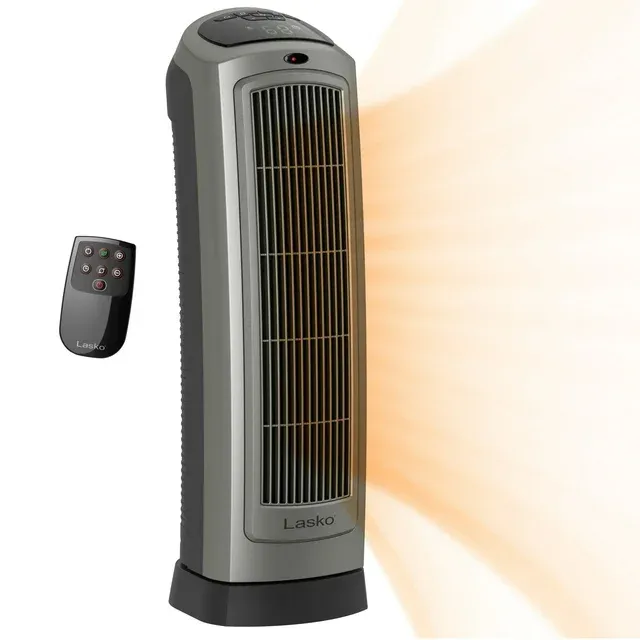 Photo 2 of Lasko 22.2" 1500W Oscillating Ceramic Electric Tower Space Heater with Remote, Gray, 5538, New
