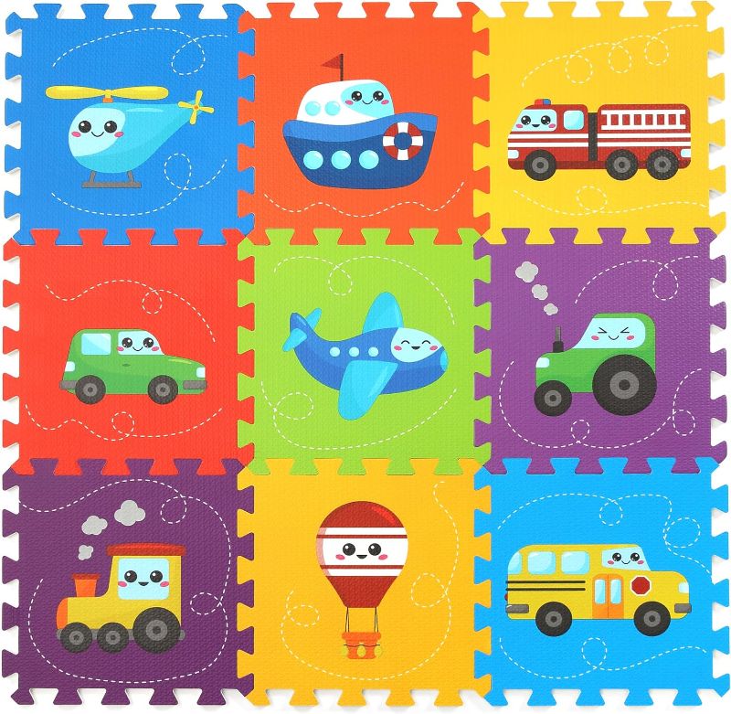 Photo 1 of Baby Play Mat, Foam Playmat for Babies, Kids Play Mat Foam Floor Tiles 34×34 9 Pieces Vehicle Puzzle Mat
