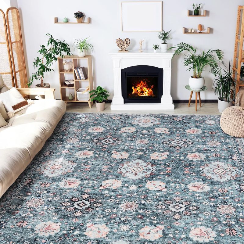 Photo 1 of 8x10 Area Rugs Washable Boho Rug, Non Slip Carpet for Living Room, Bedroom, Kitchen, Soft Low-Pile Rug, Indigo/Floral

