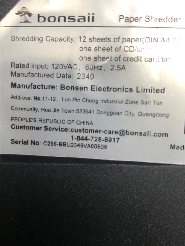 Photo 6 of Bonsaii 12-Sheet Micro Cut Shredders for Home Office, 60 Minute P-4 Security Level Paper Shredder for CD, Credit Card, Mails, Staple, Clip, with Jam-Proof System & 4.2 Gal Pullout Bin C266-B 1 2 Sheet-60Mins(New)