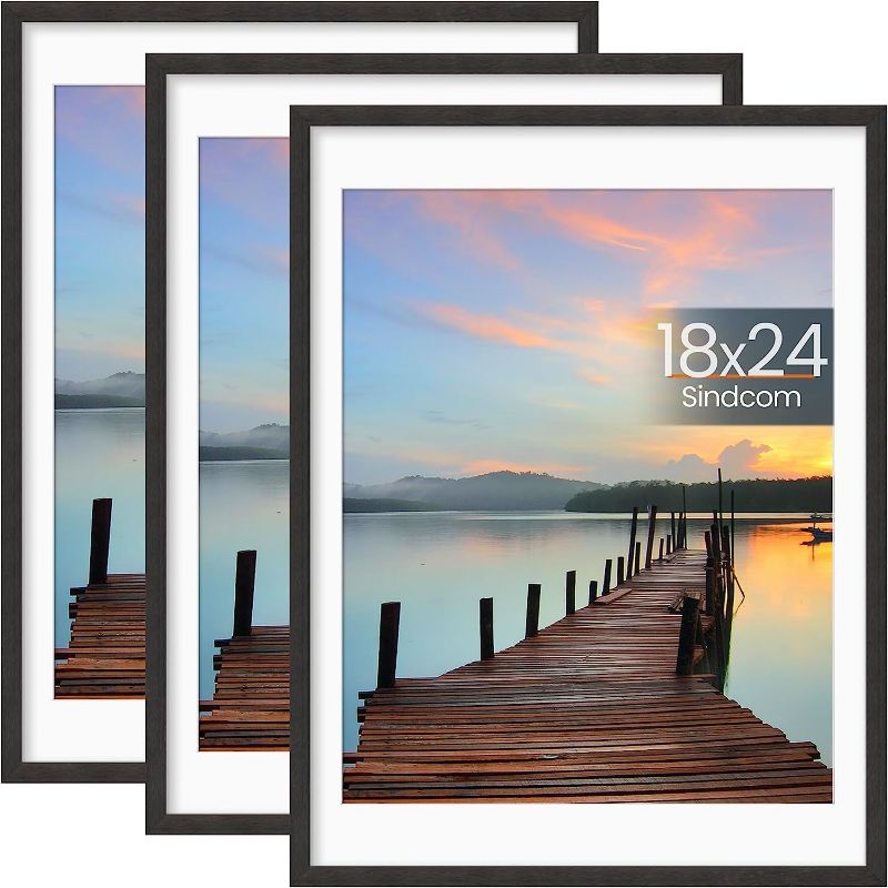 Photo 1 of 18x24 Poster Frame 3 Pack, Picture Frames with Detachable Mat for 16x20 Prints, Horizontal and Vertical Hanging Hooks for Wall Mounting, Charcoal Gray Photo Frame for Gallery Home Décor
