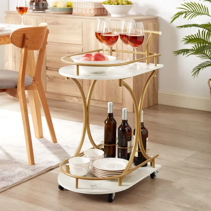 Photo 1 of 2-Tier Bar Cart on Wheels, Modern Mobile Bar Trolley Serving Cart with Wine Rack, White+Gold

