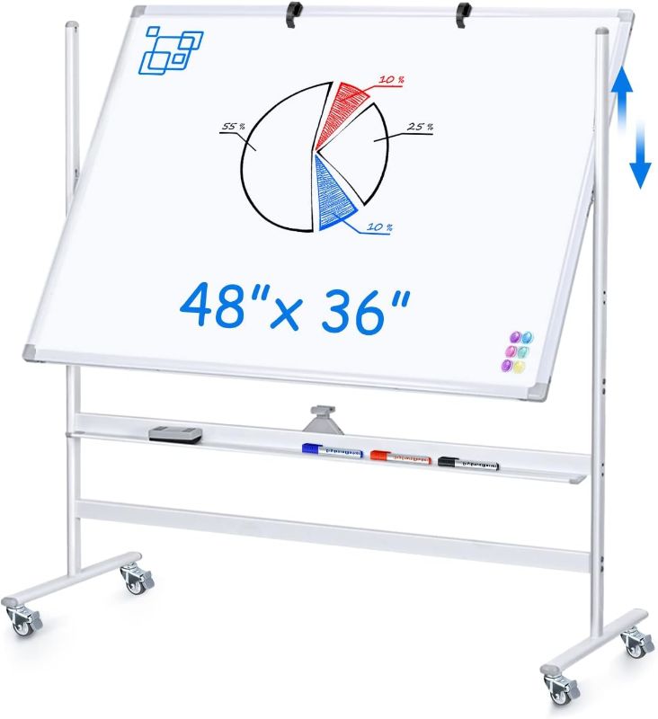 Photo 1 of Large Mobile Whiteboard Height Adjustable, maxtek 48 x 36 inches Rolling White Board Magnetic Whiteboard with Stand Double-Sided Dry Erase Board on Wheels for Home Office Classroom School
