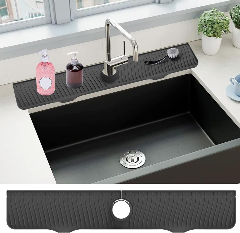 Photo 1 of 32"x 5.5" Sink Splash Guard Mat, Longer Silicone Faucet Splash Guard, Silicone Faucet Handle Drip Catcher Tray, Drip Protector Splash Countertop (Black)