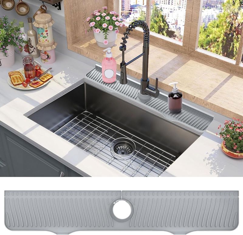 Photo 1 of 32 Inch Sink Splash Guard, Sink Faucet Drying Mat, Kitchen Faucet Splash Guard, Faucet Handle Drip Catcher Tray for Kitchen Bathroom Countertop, Faucet Mat Dish Soap Sponge Holder(Gray)
