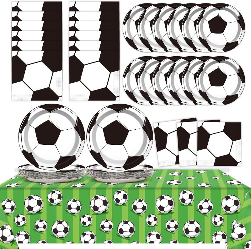 Photo 1 of 24 Guests Soccer Party Plates Napkins Tablecloth Supplies Set Soccer Disposable Tableware Dinnerware Decorations Favors for Birthday Party Boys Girls Baby Shower