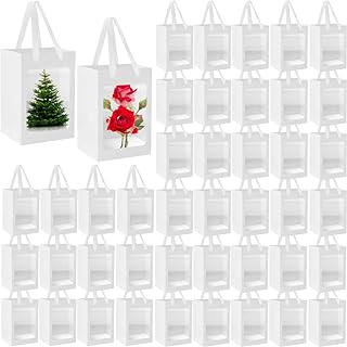 Photo 1 of 36 Pcs Small Gift Bag with Clear Window 8 x 6 x 4 Inches Transparent Paper Gift Bags with Handles Bulk Flower Bouquet Bags for Christmas Party Favor Wedding Graduation (8 x 6 x 4 Inches, Brown)