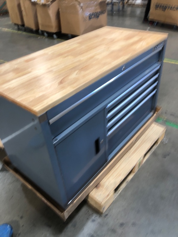 Photo 2 of *NOT EXACT COLOR OF STOCK PICTURE* Husky 52 in. W x 25 in. D Standard Duty 5-Drawer 1-Door Mobile Workbench Tool Chest with Solid Wood Top in Stainless Steel