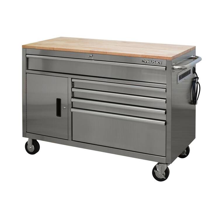 Photo 1 of *NOT EXACT COLOR OF STOCK PICTURE* Husky 52 in. W x 25 in. D Standard Duty 5-Drawer 1-Door Mobile Workbench Tool Chest with Solid Wood Top in Stainless Steel