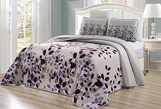 Photo 1 of 3-Piece Fine Printed Oversize (100" X 95") Fresca Quilt Set Reversible Bedspread Coverlet Queen Size Bed Cover (Purple, Grey, Vine) Oversize Queen Purple, Grey, Vine