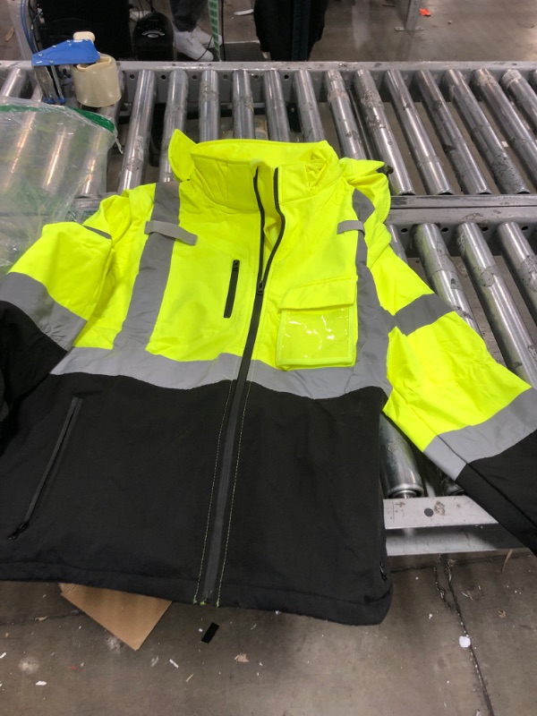 Photo 2 of High Visibility Softshell Waterproof Safety Jacket for Men, Class 3 Reflective Work Jackets with Pockets, Detachable Hood and Sleeves &Black Bottom, XL, Yellow
