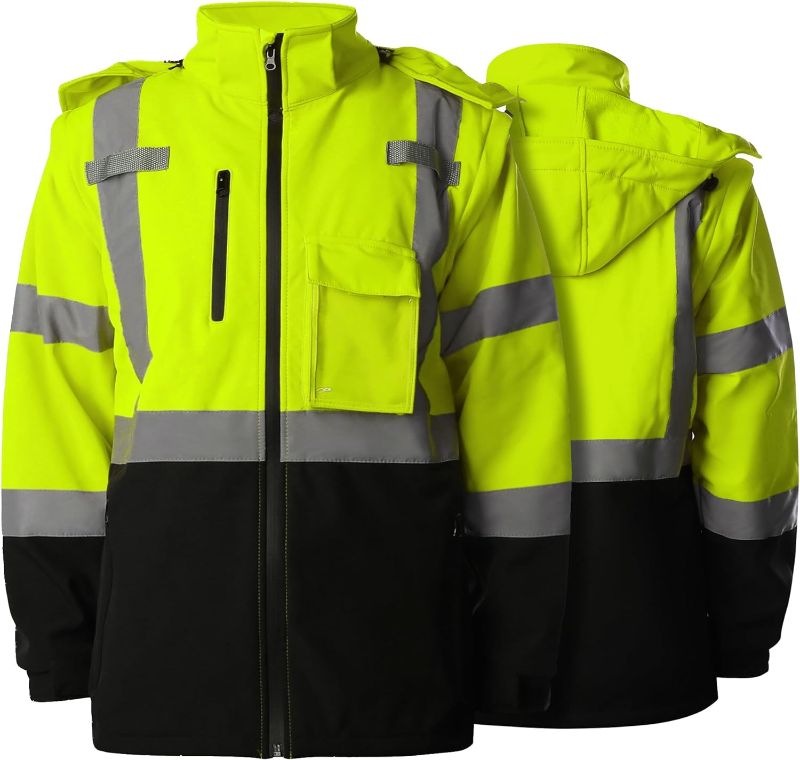 Photo 1 of High Visibility Softshell Waterproof Safety Jacket for Men, Class 3 Reflective Work Jackets with Pockets, Detachable Hood and Sleeves &Black Bottom, XL, Yellow
