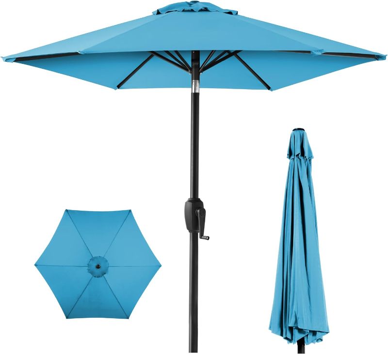 Photo 1 of  7.5ft Heavy-Duty Round Outdoor Market Table Patio Umbrella w/Steel Pole, Push Button Tilt, Easy Crank Lift - Sky Blue