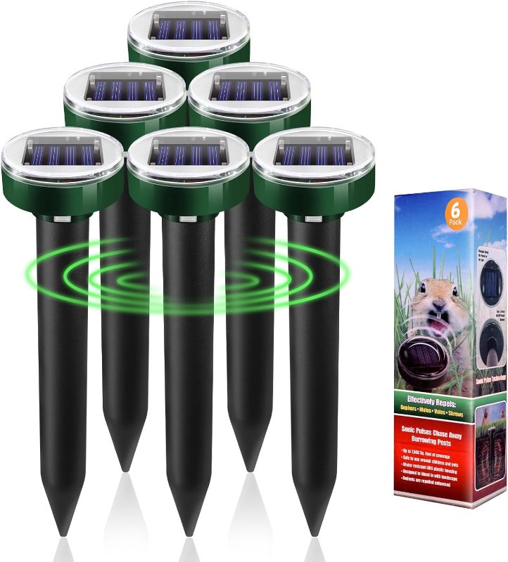 Photo 1 of 6pk Solar Upgrade Mole Repellent for Lawns Gopher Repellent Ultrasonic Powered Mole Repellent Deterrent Snake Repeller Mole Repellent Outdoor Lawns Garden Yard All Pests Stakes Chaser Sonic Spikes