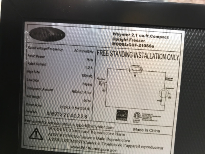 Photo 2 of **SEE NOTES**Whynter CUF-210SS Mini, 2.1 Cubic Foot Energy Star Rated Small Upright Freezer with Lock, Stainless Steel, Black

