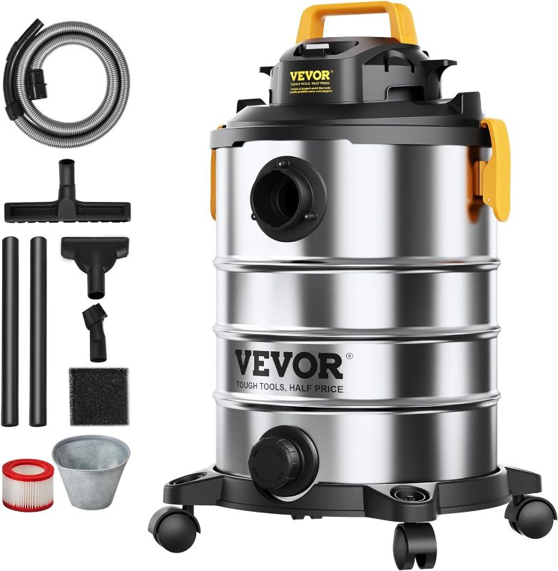 Photo 1 of VEVOR Stainless Steel Wet Dry Shop Vacuum, 8 Gallon 6 Peak HP Wet/Dry Vac, Powerful Suction with Blower Function with Attachments 2-in-1 Crevice Nozzle, Small Shop Vac Perfect for Carpet Debris, Pet H