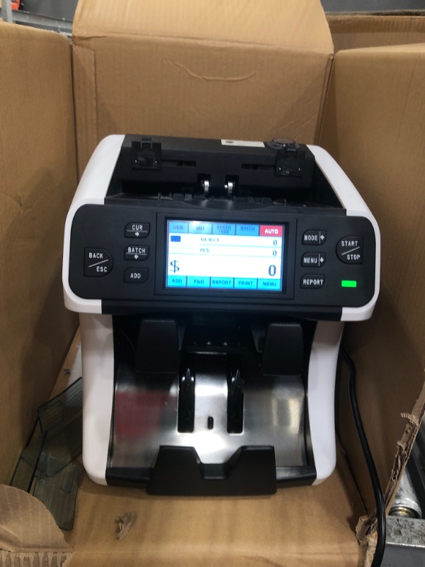 Photo 2 of MUNBYN 2-Pocket Money Counter Machine Mixed Denomination and Sorter, Built-in Printer, Sort on DENOM/FACE/ORI, Value Counting, Counterfeit Detection 2 CIS/UV/MG/IR, Touch Screen, 2Y Protection White