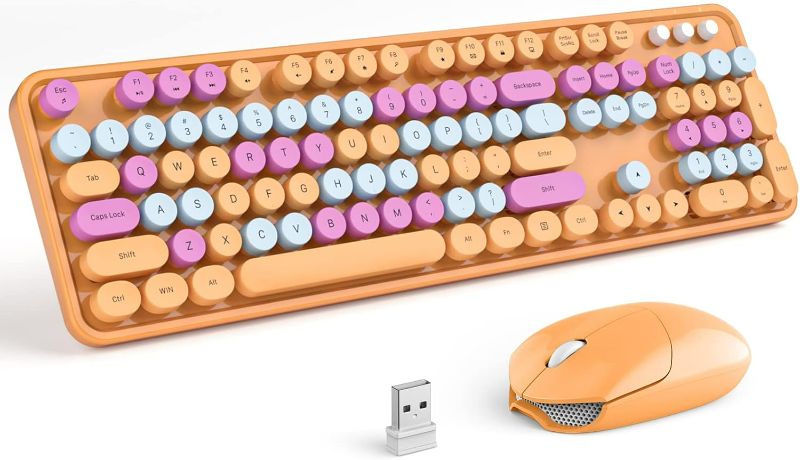 Photo 1 of 2.4G Full-Size Wireless Keyboard and Mouse Combo, Multi-Color Typewriter Style Round Keycap, Cute Candy Colors, Compatible with Notebook, PC (104 Keys,Blue)