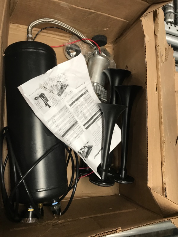 Photo 3 of 12V 4 Trumpets Train Horn Kit 150psi Complete Onboard System - 150psi Air Compressor, 1.5 Gallon Air Tank, 4 Trumpets. Fits Any Vehicle/Truck/Car/Semi/Pickup/Jeep/RV/SUV Super Loud dB 1.5 Gallon 4 Trumpet 12V Train Horns Kit 1.5 Gallon