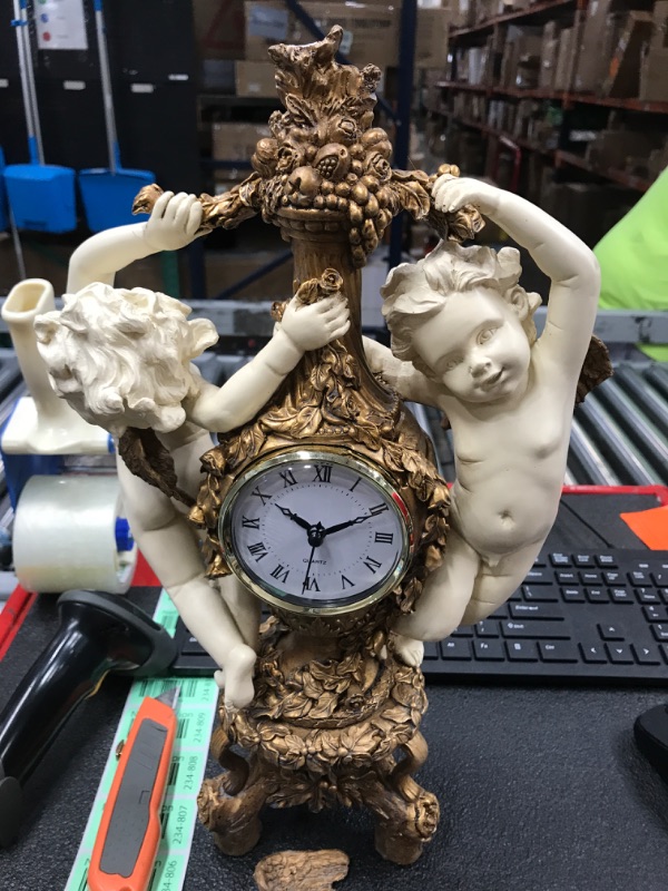 Photo 2 of **DAMAGED-SEE NOTES**  Design Toscano The Cherub's Harvest Mantel Clock, 16 Inch, Polyresin, Gold and Ivory