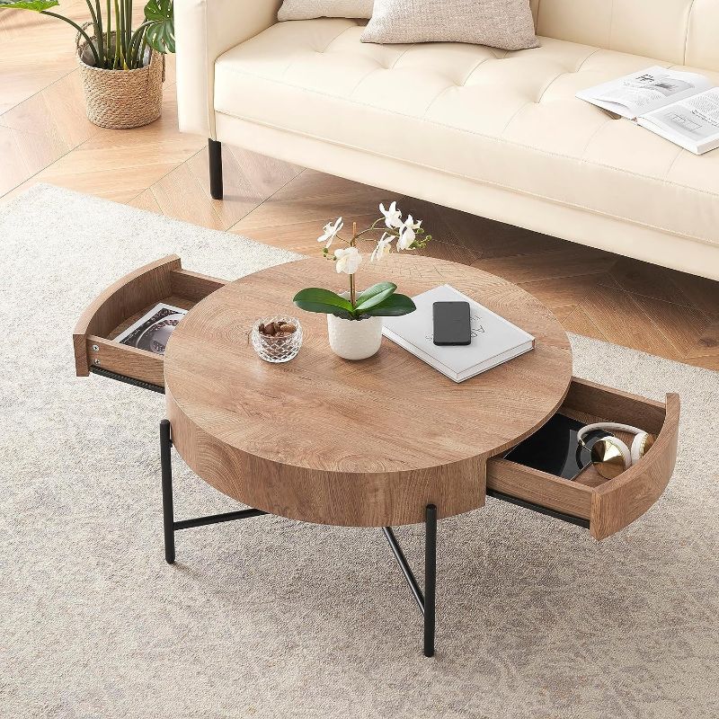 Photo 1 of Amyove Round Coffee Table Solid Wood Center Table with Two Drawers Farmhouse Circle Coffee Table Living Room Rustic Cocktail Table with Metal Legs, Easy Assembly
