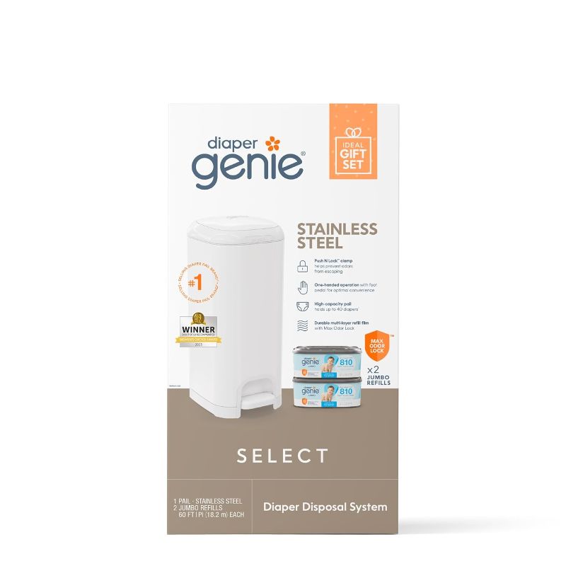 Photo 1 of Diaper Genie Select Pail Registry Gift Set (White) | Made of Durable Stainless Steel Metal | Includes 2 Jumbo Refills | Holds 1620 Newborn Diapers
