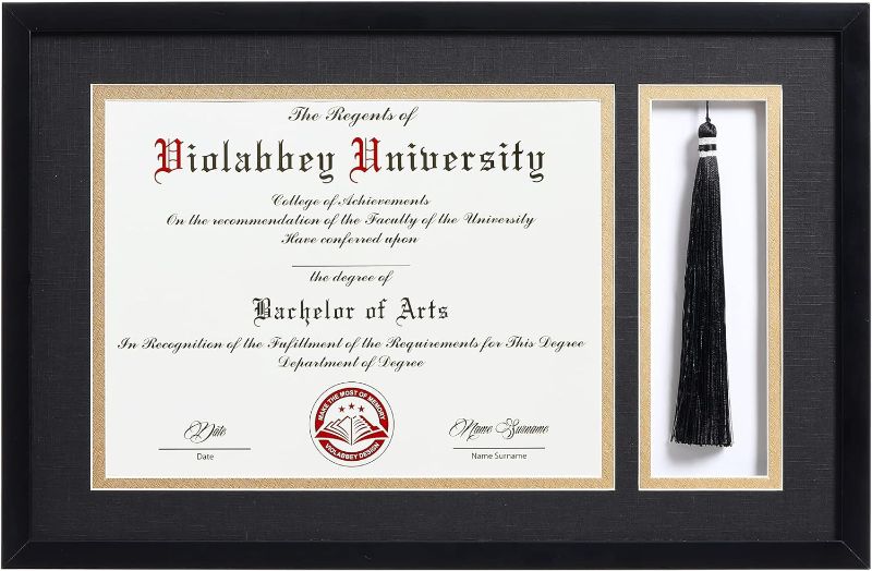 Photo 1 of 11x17 Matte Black Diploma Frame with Tassel Holder for 8.5x11 Certificates Document, College Degree Frame for Wall Mounted (Black Gold Double Mat)