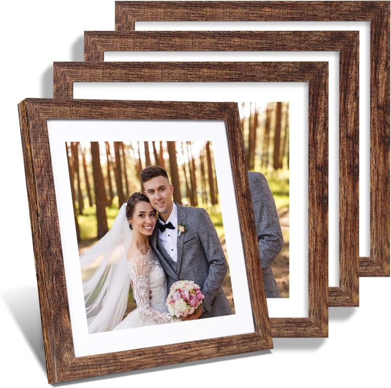 Photo 1 of 12x12 Picture Frame Set of 4 - Made of Glass and Rustic Brown Wooden Frame, Display Square Pictures 10x10 with Mat or 12 x 12 without Mat, Desktop & Wall Collage Photo Frame