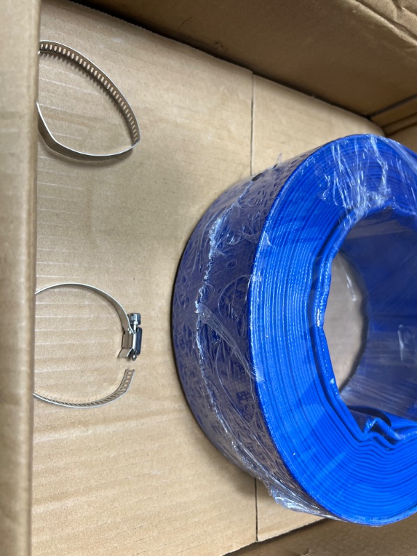 Photo 2 of 2" x 50 Ft Pool Backwash Hose, Blue Heavy Duty Lay Flat Pool Drain Hose with Hose Clamps, Discharge Hose for Above Ground Swimming Pools Pump and Filter 2 in x 50 Ft