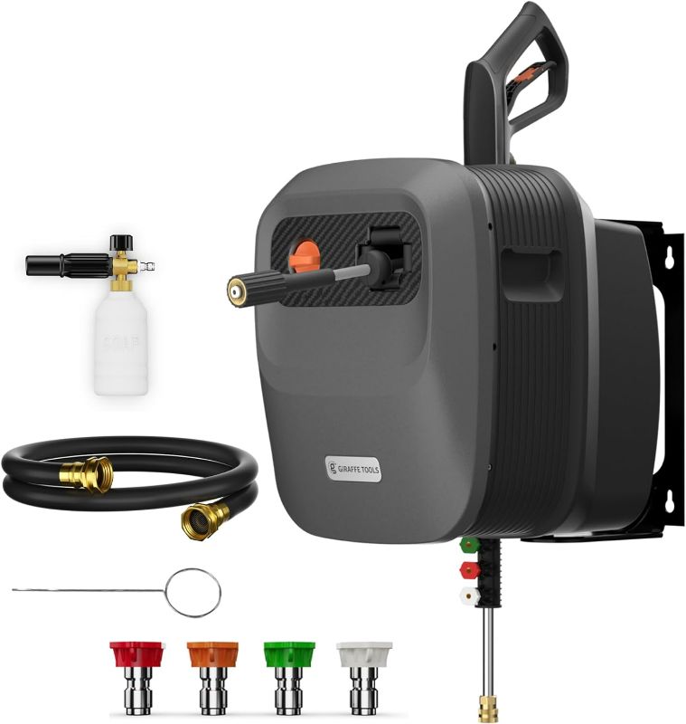 Photo 1 of **NONREFUNDABLE**FOR PARTS OR REPAIR**SEE NOTES**
Giraffe Tools Grandfalls Pressure Washer G20, Wall Mount Pressure Washer with 180° Rotating Bracket, 65FT Retractable Reel, Power Washer for Home/Cars/Patios, 4 Nozzles, Foam Cannon, Light Silver 65ft Ultr