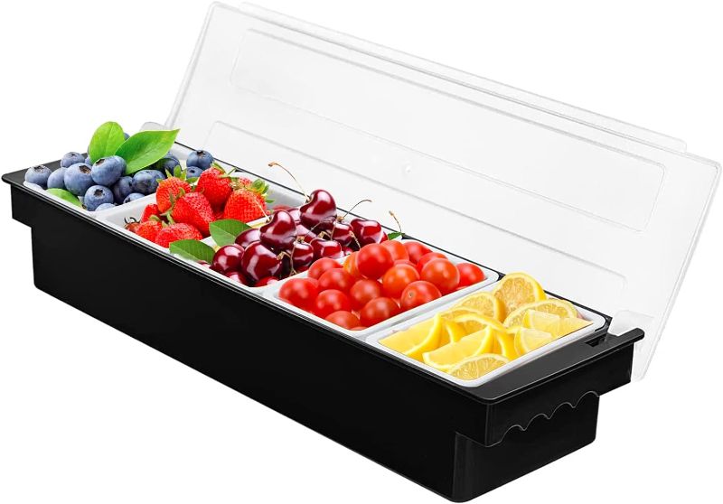 Photo 1 of 5 Compartment Plastic Dispenser Fruit Veggie Condiment Caddy with Lid?Ice Cooled Condiment Serving Container Chilled Garnish Tray Bar Caddy for Home Work or Restaurant (Black)
