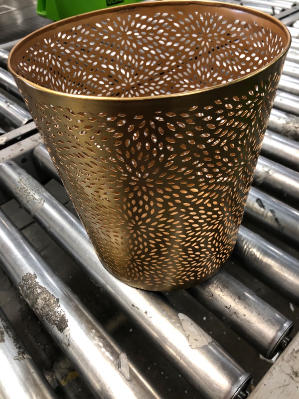 Photo 2 of CosmoLiving by Cosmopolitan Metal Cylinder Small Waste Bin with Laser Carved Floral Design, 9" x 9" x 10", Gold Waste Bin Petals Gold