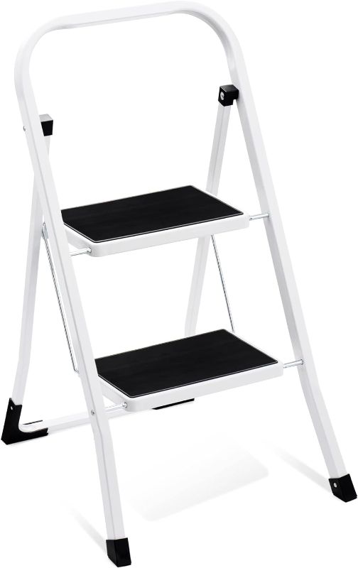 Photo 2 of 2 Step Ladder Step Stool, Sturdy Step Stools for Adults with Wide Anti-Slip Pedal, Portable Folding Step Stool with Handle, Lightweight Steel Step Ladder, 330lbs Capacity Kitchen Step Stool, White
