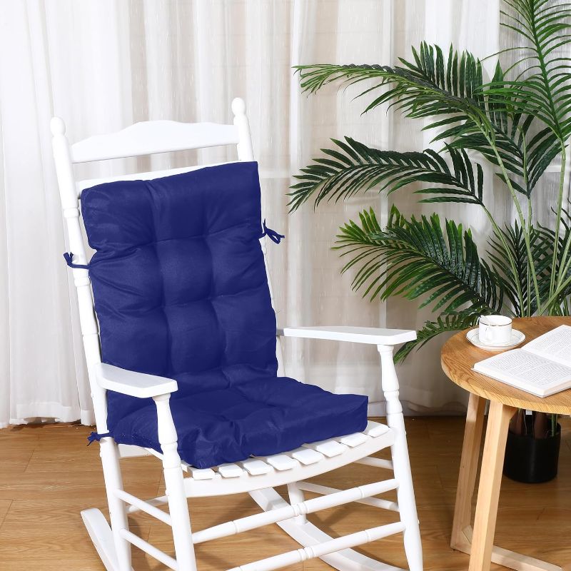 Photo 1 of 2 Set High Back Rocking Chair Cushions Large Anti Slip Chair Pads 43"x19"x3" Indoor Outdoor with Ties Waterproof Fade Resistant Lounger Chair Cushions for Rocker(Navy Blue)