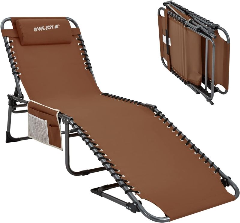 Photo 1 of #WEJOY Folding Outdoor Chaise Lounge Chair, Adjustable Lightweight Portable Beach Lounge Chair for Patio, Pool, Lawn, Deck, Sunbathing, Camping Reclinging Chair with Pillow and Side Pocket, Khaki
