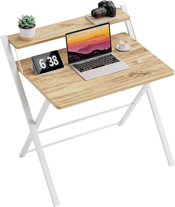 Photo 1 of ** NOT EXACT SAME AS STOCK PHOTO** GreenForest Folding Desk No Assembly Required Fully Unfold 32 x 24.5 inch, Small Computer Desk with 2-Tier Shelf Laptop Foldable Table for Small Spaces, Black Large Size:29.5 x 20.47 Black