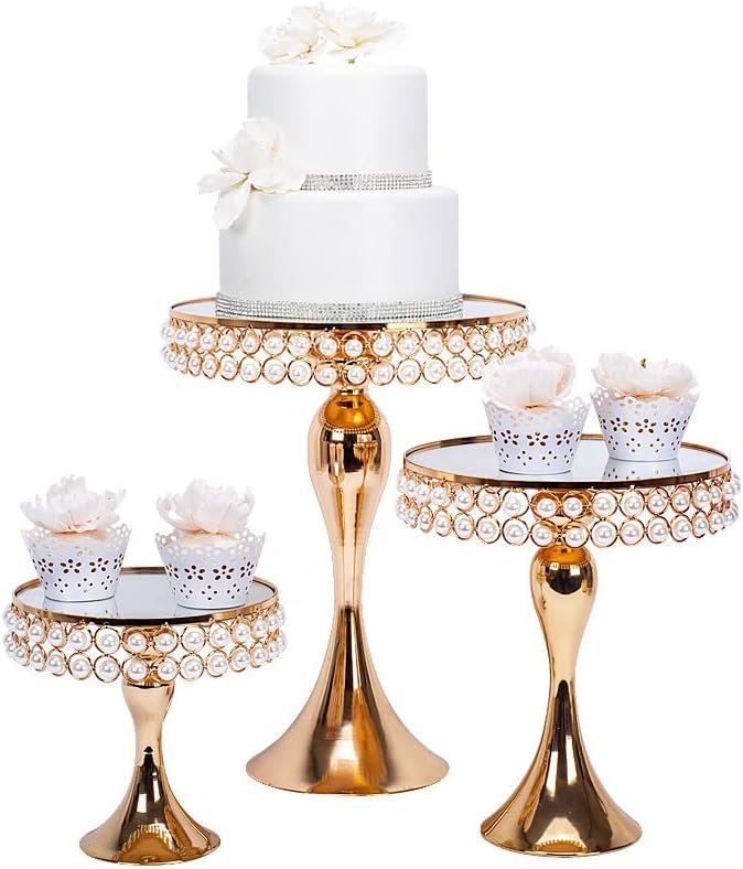 Photo 1 of 3Pcs Cake Stands,Cupcake Stands,Mermaid Tail Crystal Wedding Cake Stands Set Cake Holder Mirror Cake Dessert Holder with Pendants and Beads,Birthday Baby Showers Dessert Cupcake Pedestal Display
