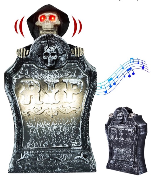 Photo 1 of 19" Halloween Decorations Resin RIP Graveyard Tombstone with LED Lights, Animated Movable Skeleton Skull with Glowing Eyes and Voice Activation for Yard Lawn Haunted House Outdoor Decor Party Props
