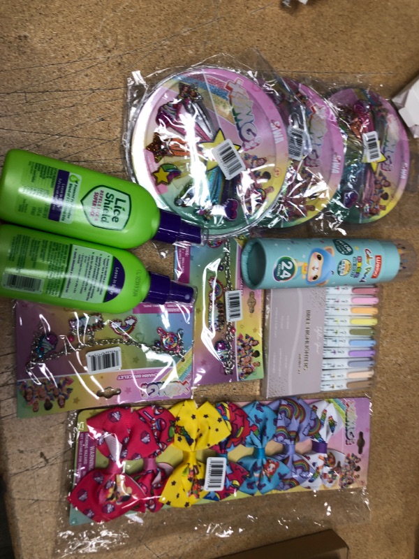 Photo 1 of 10 girl items: hair accessories, 2 lice repellants, color pencils, highlighters, and bracelets