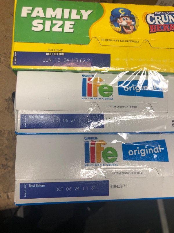 Photo 1 of **3 BOXES**Cap'n Crunch Cereal, Crunch Berries, 20.5oz Box Cap'n Crunch Crunch Berries

Life Cereal, Multigrain, Original, Family Size - 22.3 oz