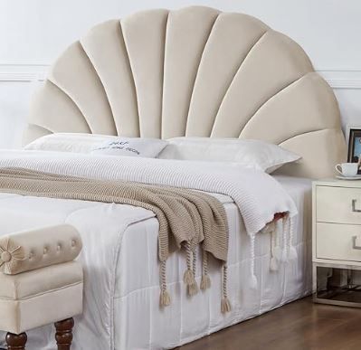 Photo 1 of 24KF Stunning Crown Design King Headboard, Upholstered Soft Velvet Petal Pattern Headboard King/CA King-Beige