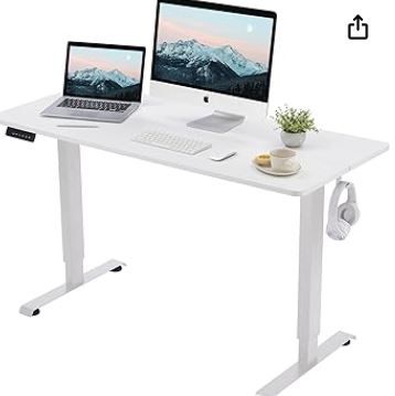 Photo 1 of Electric Standing Desk, 48x24 Height Adjustable Desk Memory Preset, Office Desk with Cable Management Tray and Side Hooks, White Steel Frame & White Top