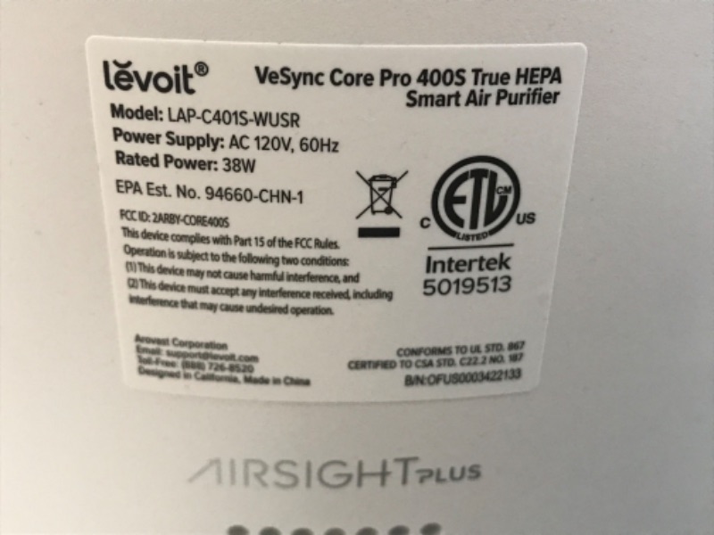 Photo 2 of LEVOIT Air Purifiers for Home Large Room, Smart WiFi and PM2.5 Monitor H13 True HEPA Filter Removes Up to 99.97% of Particles, Pet Allergies, Smoke, Dust, Auto Mode, Alexa Control, White Core 400S White Air Purifiers