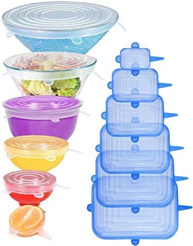 Photo 1 of [12pack] Longzon Silicone Stretch Lids 6 Clear Round 6 Blue Rectangle, Magic Lids Reusable Food Covers for Bowls, Cups, Cans, Fit Different Sizes & Shapes of Container, Dishwasher & Freezer Safe