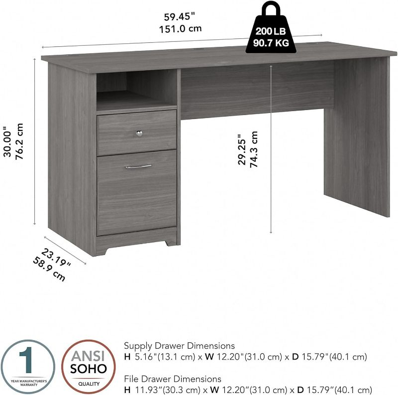 Photo 3 of (NON-REFUNDABLE) Bush Furniture Cabot Computer Desk with Drawers, 60W, Modern Gray