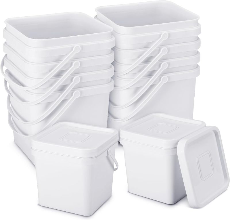 Photo 1 of 10 Pcs White Plastic Bucket Square Bucket with Lid Utility Industrial Pail with Handle Oil Tub Container for Food Water Paint House Cleaning Storage Car Washing (1 Gallon)
