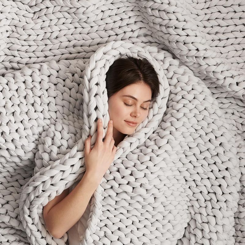 Photo 1 of Bearaby Hand-Knit Weighted Blanket for Adults - Chunky Knit Blanket - Sustainable, Breathable, Organic - Machine Washable for Easy Maintenance (Moonstone Grey, 10 lbs)
