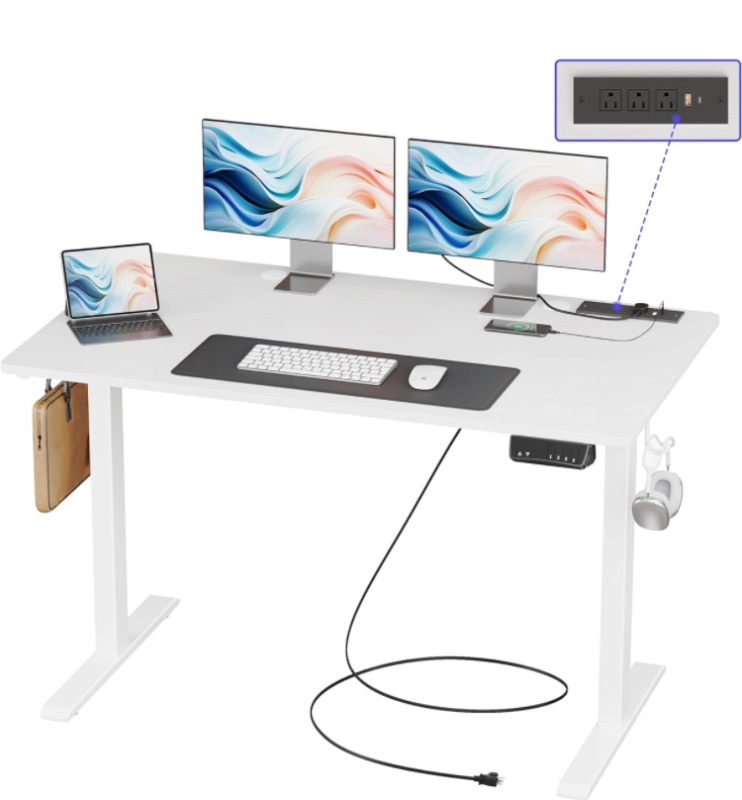 Photo 1 of 
JOISCOPE Height Adjustable Electric Standing Desk with Power Outlets, 48 x 24 Inch Sit Stand Desk for Small Space Home Office, White