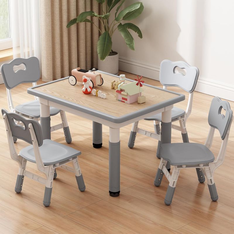 Photo 1 of Kids Table and Chiar Set, Height Adjustable Toddler Table and Chair Set for Ages 2-10, 31.5''L x 23.6''W Graffiti Table with 4 Chairs, Grey-01
