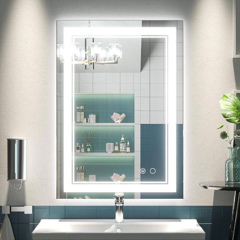 Photo 1 of Keonjinn LED Mirror Bathroom Mirror with Front Lights, 20 x 28 Inch Lighted Vanity Mirror Wall Mounted Anti-Fog Memory Dimmable Frameless Bathroom LED Makeup Mirror